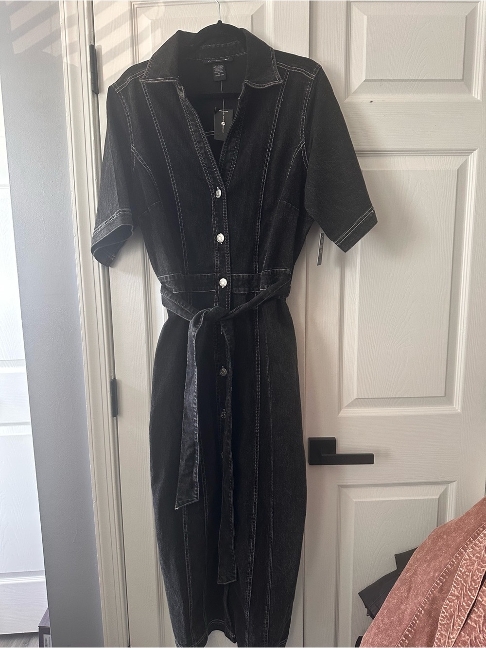 Ashley Stewart Black Button-Front Midi stretch Jean Dress with Tie Waist